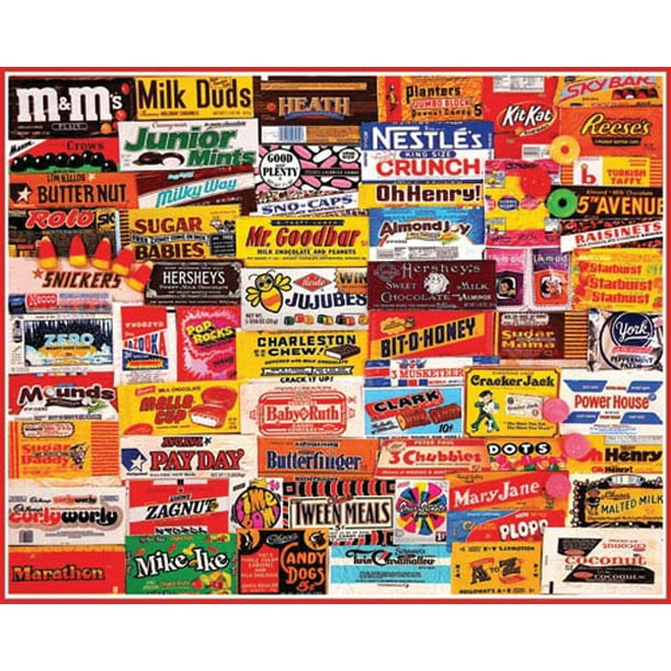 - 1000 Piece Collage Jigsaw Puzzle Charlie Girard White Mountain Puzzles Candy Wrappers 20”x27 